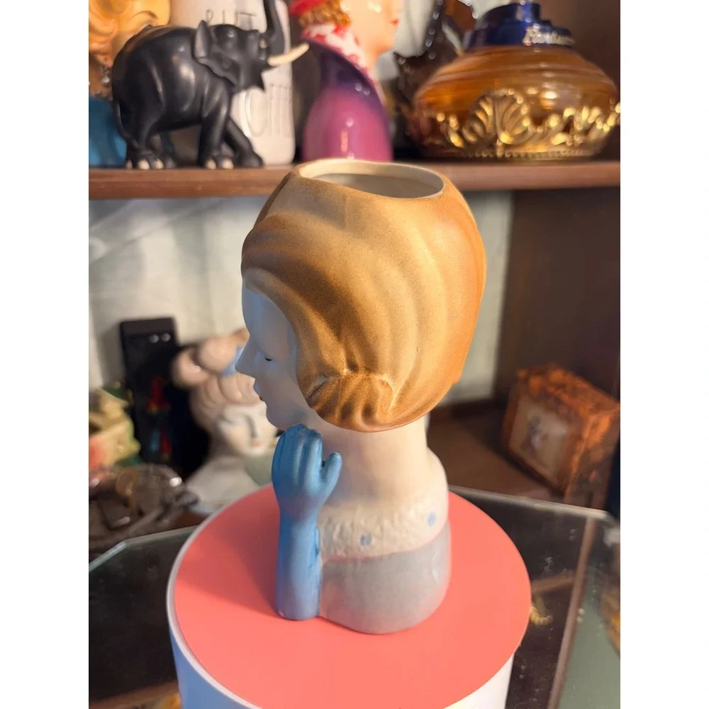 Vintage Mid Century Ceramic Lady Head Vase Blue Glove Blonde Hair 1950s Planter